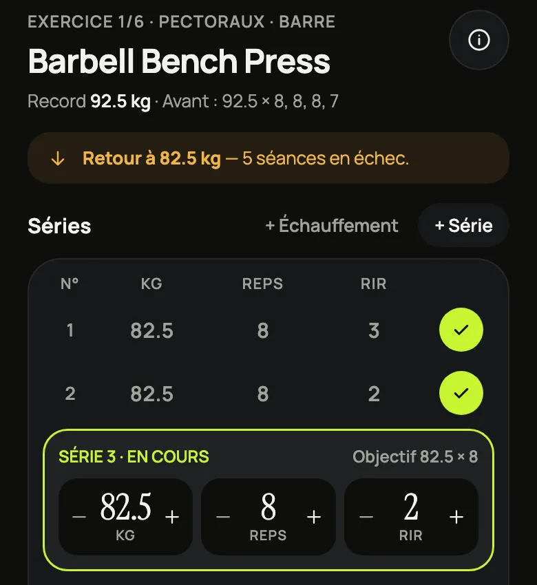 Écran Séance de gymbro : développé couché à 82,5 kg, séries pré-remplies et retour de charge expliqué