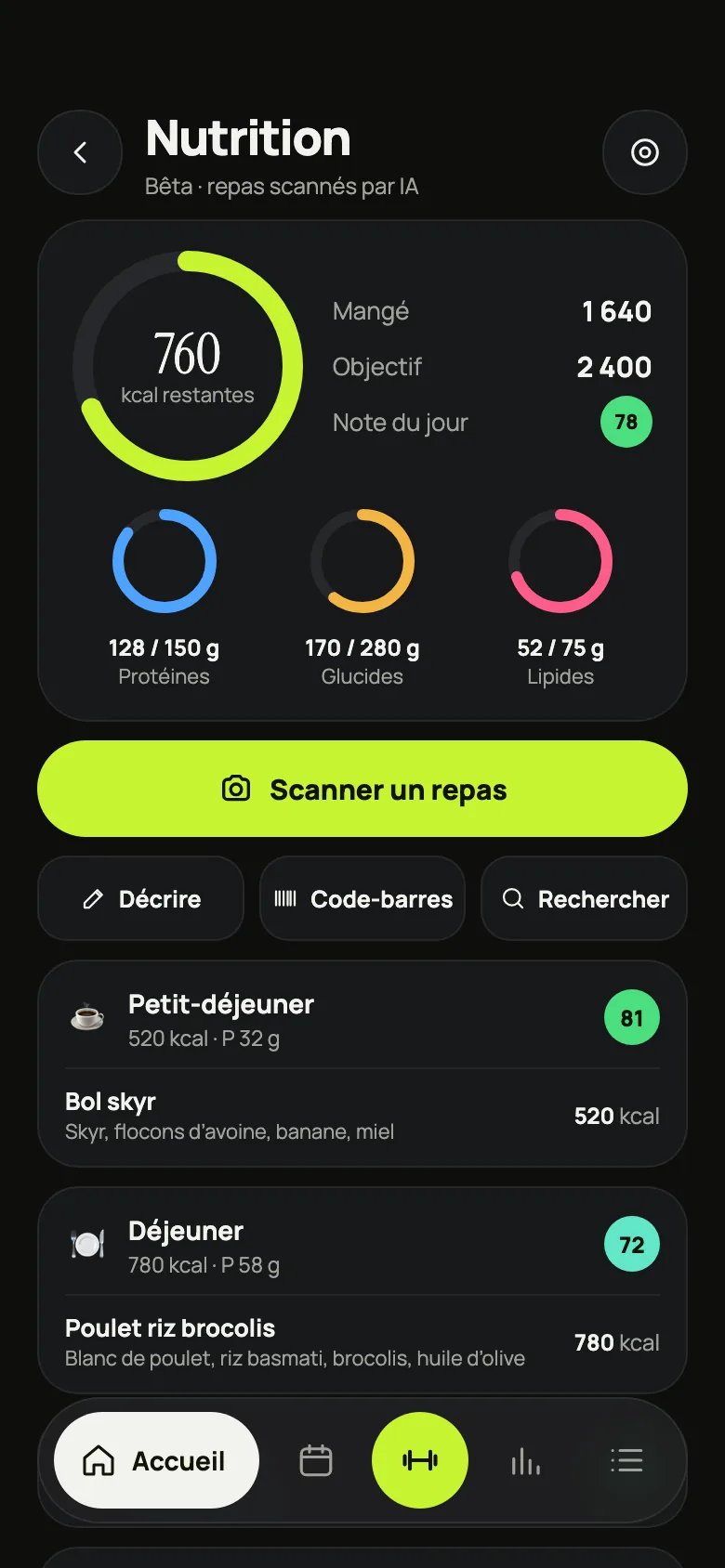 Écran Nutrition de gymbro : anneau des calories restantes, anneaux protéines, glucides et lipides, repas de la journée